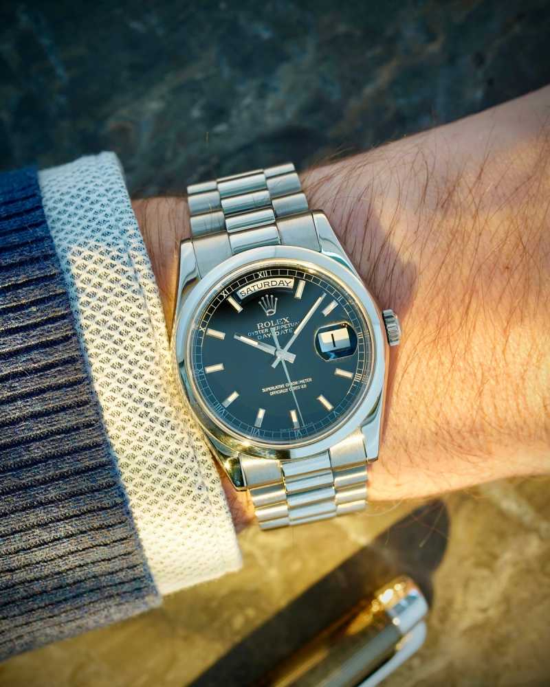 Wrist shot image for Rolex Day-Date 118209 Black 2002 with original box and papers