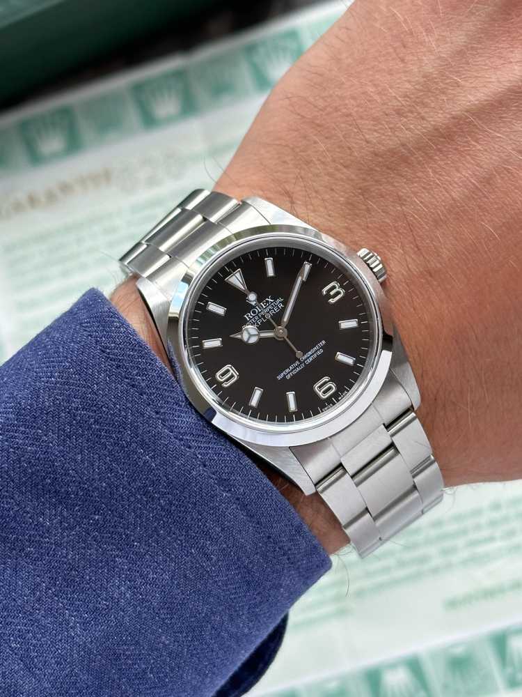 Wrist image for Rolex Explorer 1 14270 Black 2000 with original box and papers