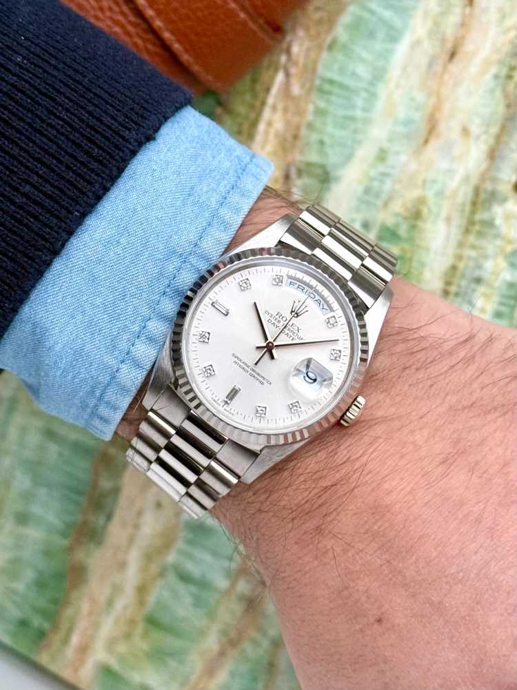 Wrist shot image for Rolex Day-Date "Diamond" 18239 Silver 1995 