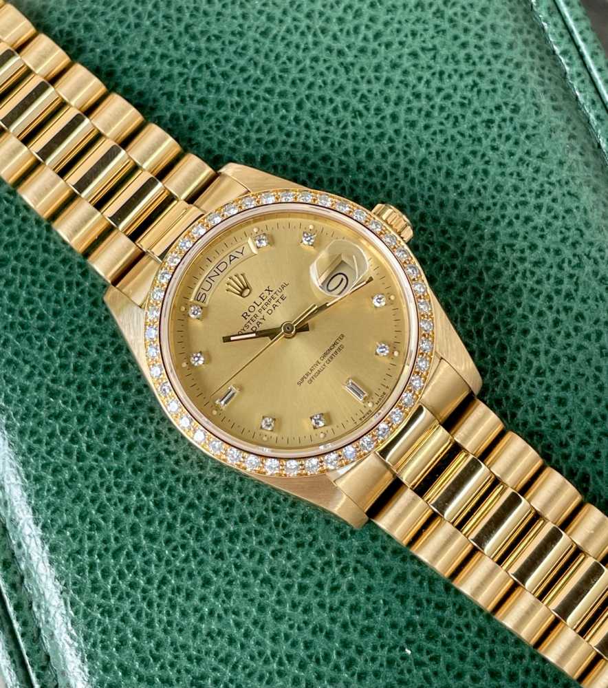 Detail image for Rolex Day-Date "Diamond" 18048 Gold 1987 with original box and papers