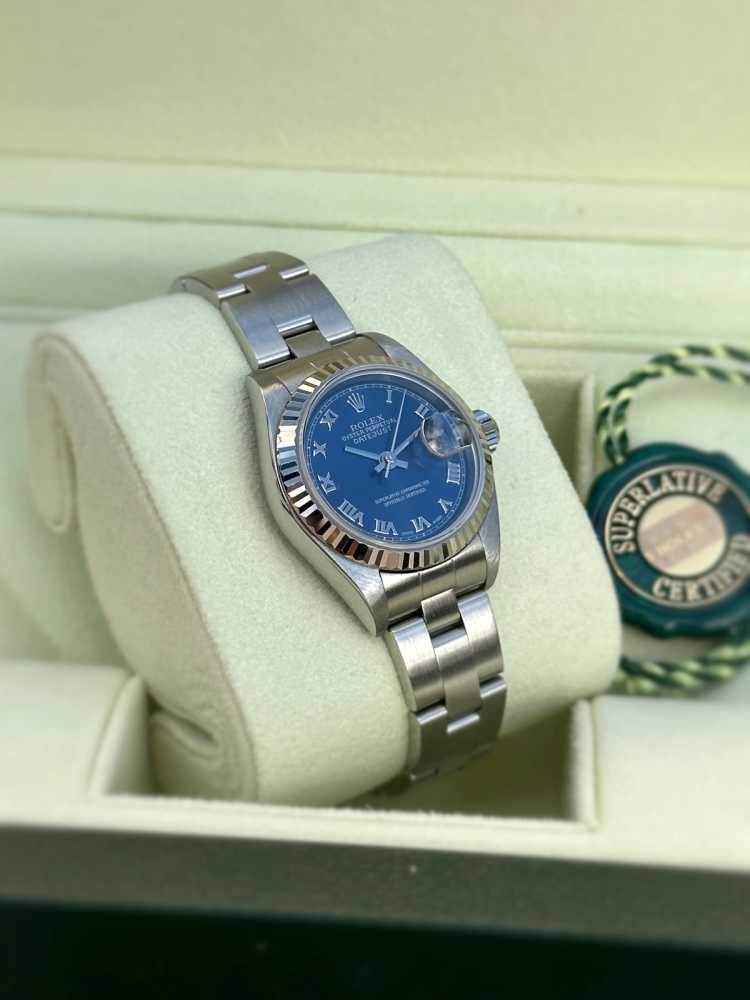 Wrist shot image for Rolex Lady Datejust "Roman" 79174 Blue 2005 with original box and papers