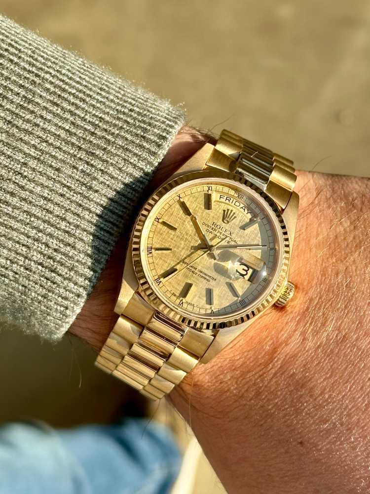Wrist shot image for Rolex Day-Date "Linen" 18038 Gold 1981 