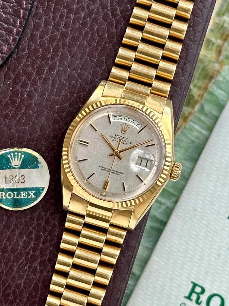 Featured image for Rolex Day-Date "Linen" 1803 Silver Linen 1972 with original box and papers