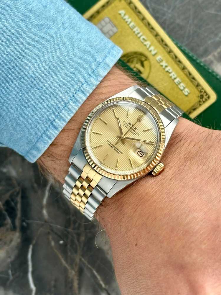 Wrist shot image for Rolex Datejust "Tapestry" 16013 Gold 1982 