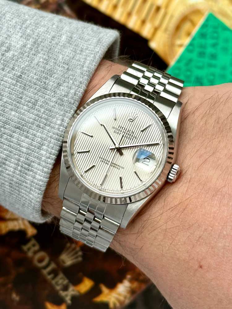 Wrist shot image for Rolex Datejust "Tapestry" 16234 Silver 2001 