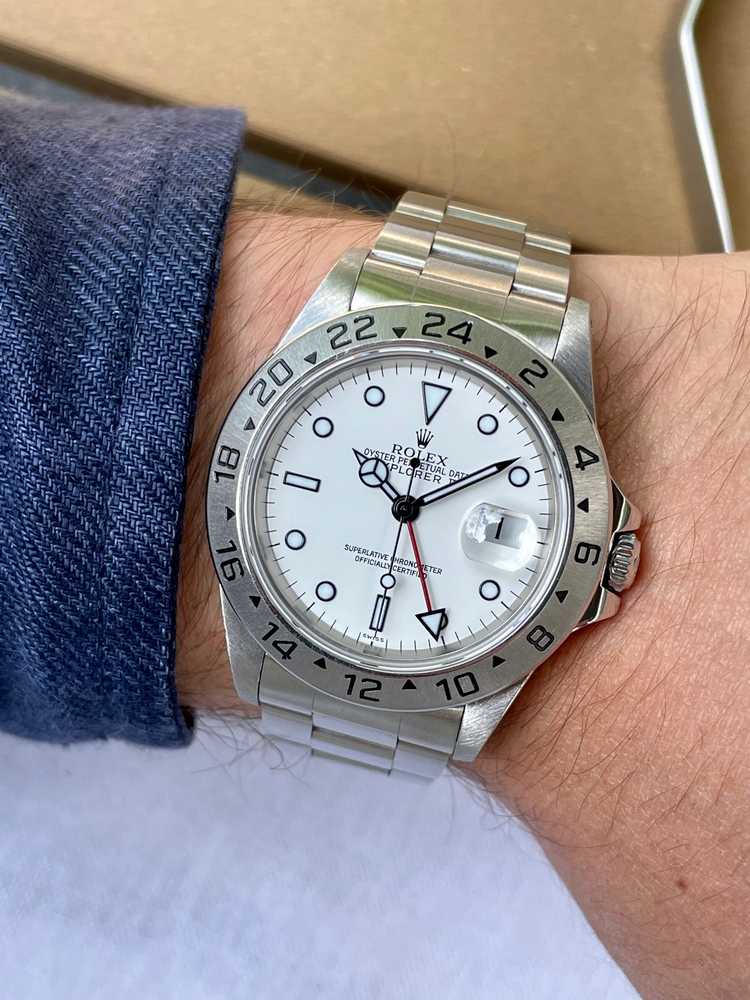 Wrist image for Rolex Explorer II "Swiss" 16570 White 1999 with original box and papers
