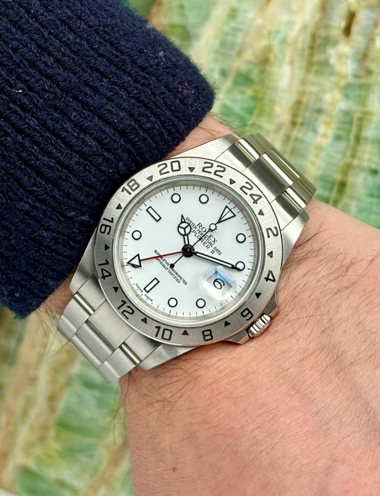 Wrist shot image for Rolex Explorer 2 16570 White 2001 with original box and papers