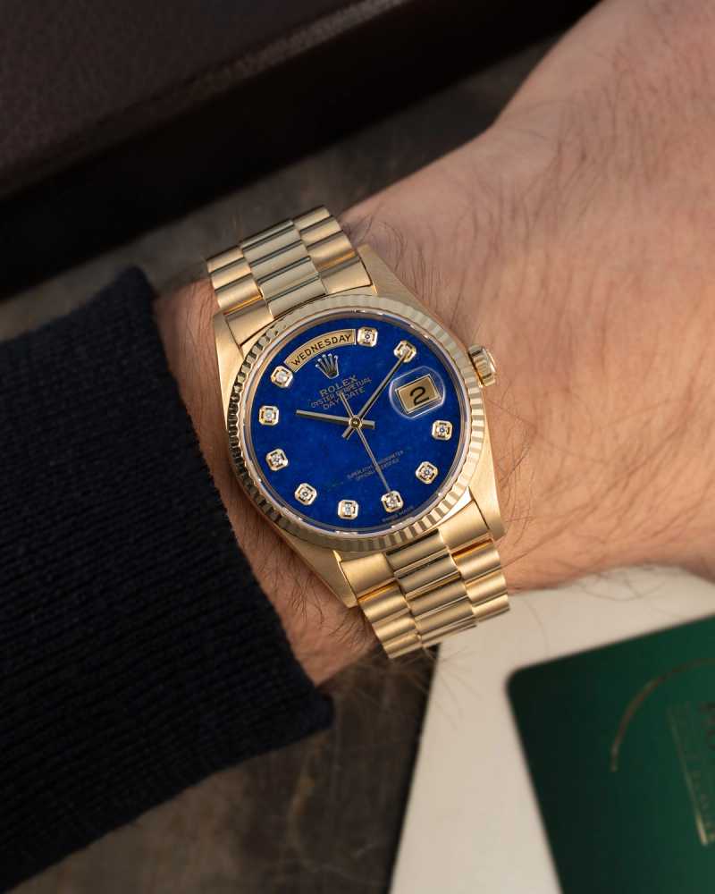 Wrist shot image for Rolex Day-Date "Lapis Lazuli" 18238 Blue 1989 with original box and papers