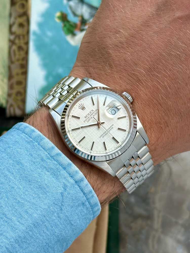 Wrist shot image for Rolex Datejust "Linen" 16234 Silver Linen 1988 with original box and papers