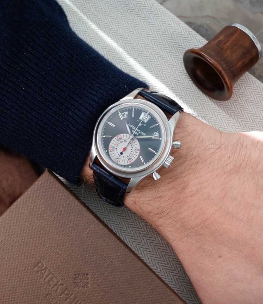 Wrist shot image for Patek Philippe Annual Calendar Chronograph "Platinum" 5960P Grey 2008 with original box and papers