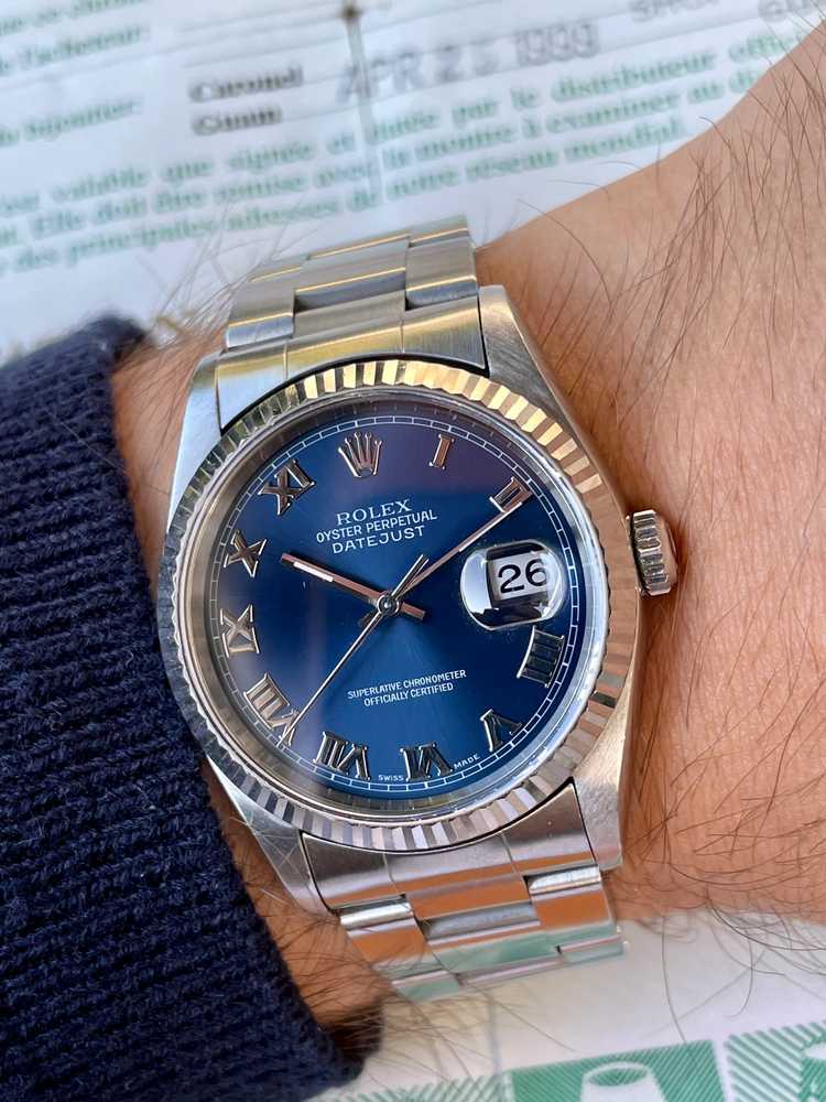 Wrist shot image for Rolex Datejust 16234 Blue 1997 with original box and papers