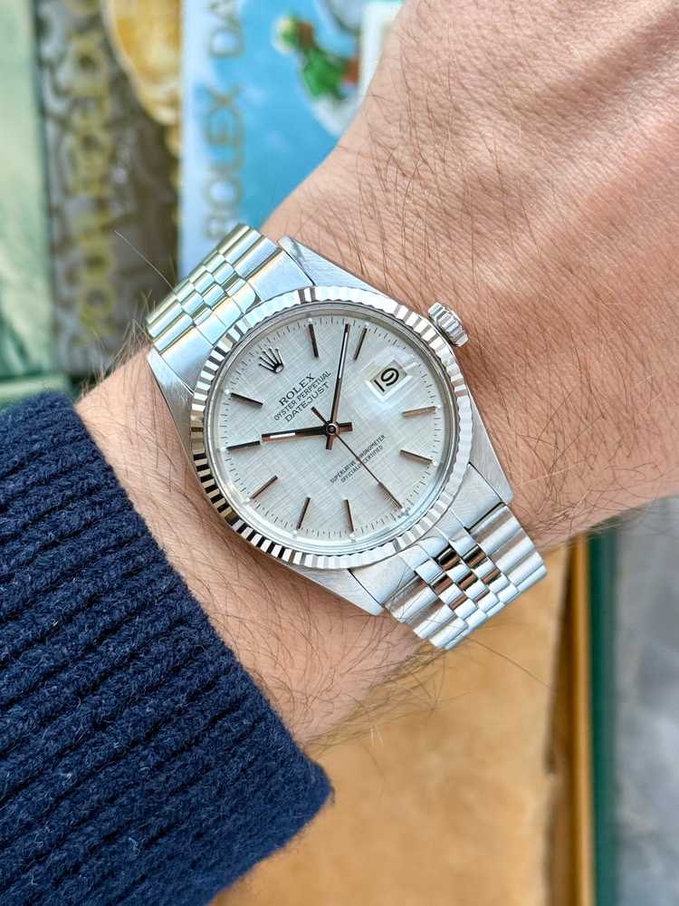 Wrist shot image for Rolex Datejust "Linen" 16014 Silver Linen 1981 with original box and papers