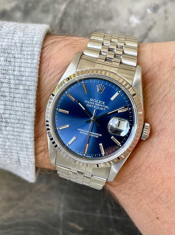 Wrist shot image for Rolex Datejust 16234 Blue 1991 with original box and papers 2