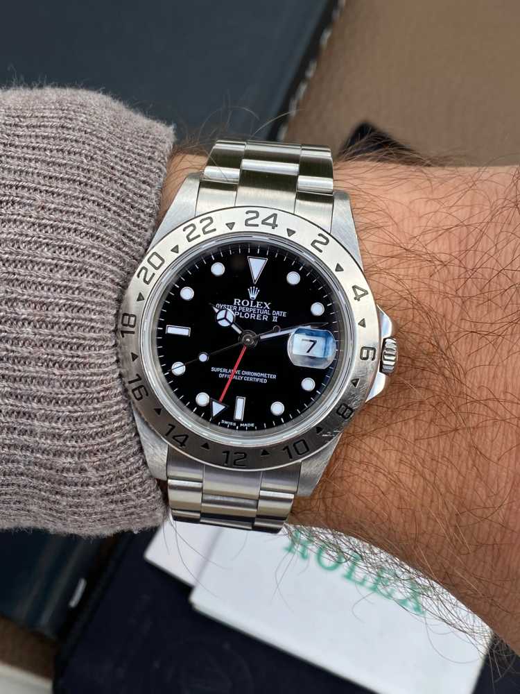 Wrist image for Rolex Explorer II 16570 Black 2000 with original box and papers k106