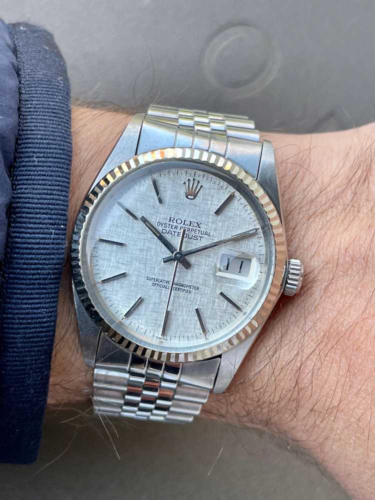 Wrist shot image for Rolex Datejust "Linen" 16014 Silver Linen 1987 with original box and papers