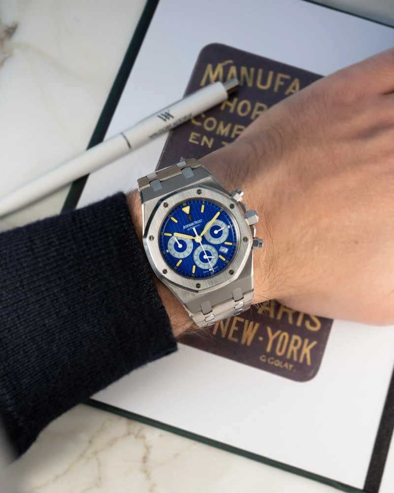 Wrist shot image for Audemars Piguet Royal Oak "City of Sails" 25860 IS Blue 1999 with original box and papers
