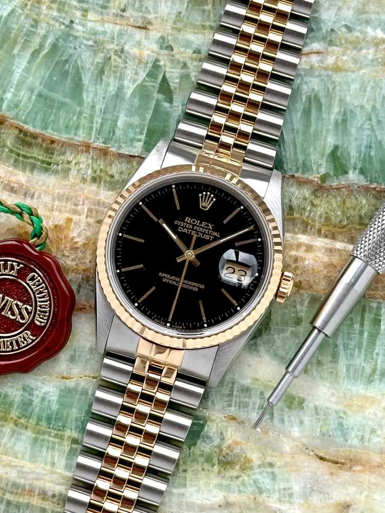 Featured image for Rolex Datejust "Tapestry" 16233 Black 1991 with original box and papers