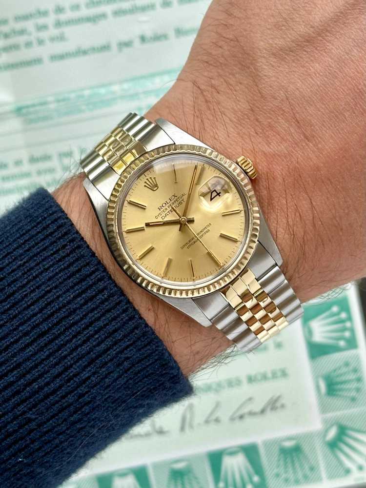 Wrist image for Rolex Datejust 16013 Gold 1980 with original box and papers