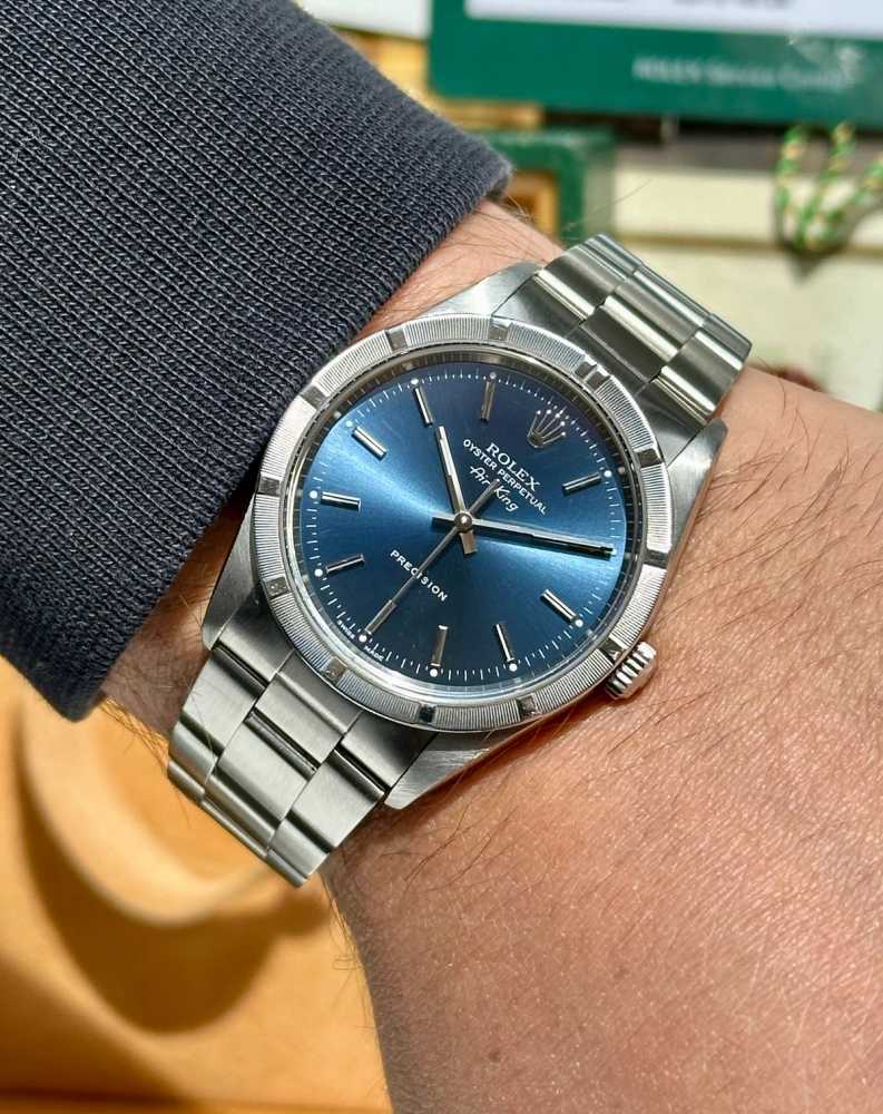 Wrist shot image for Rolex Air-King 14010 Blue 2000 with original box and papers