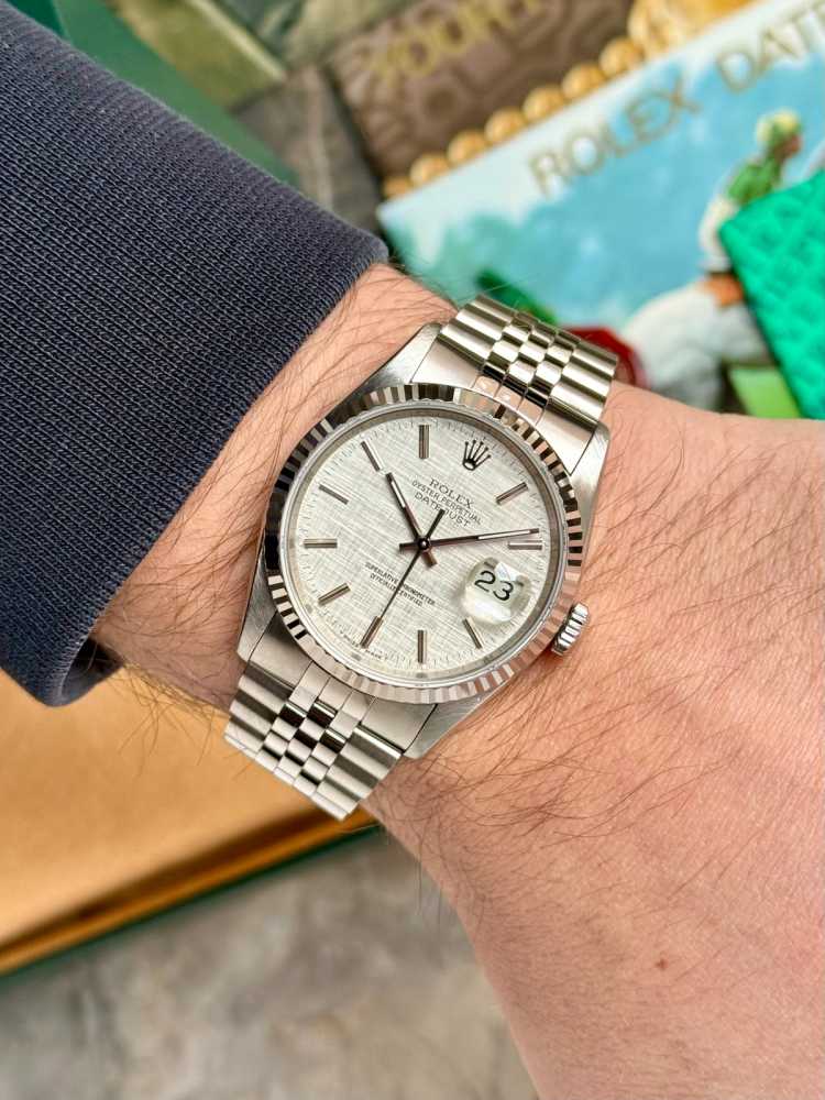 Wrist shot image for Rolex Datejust "Linen" 16234 Silver Linen 1990 with original box and papers 2