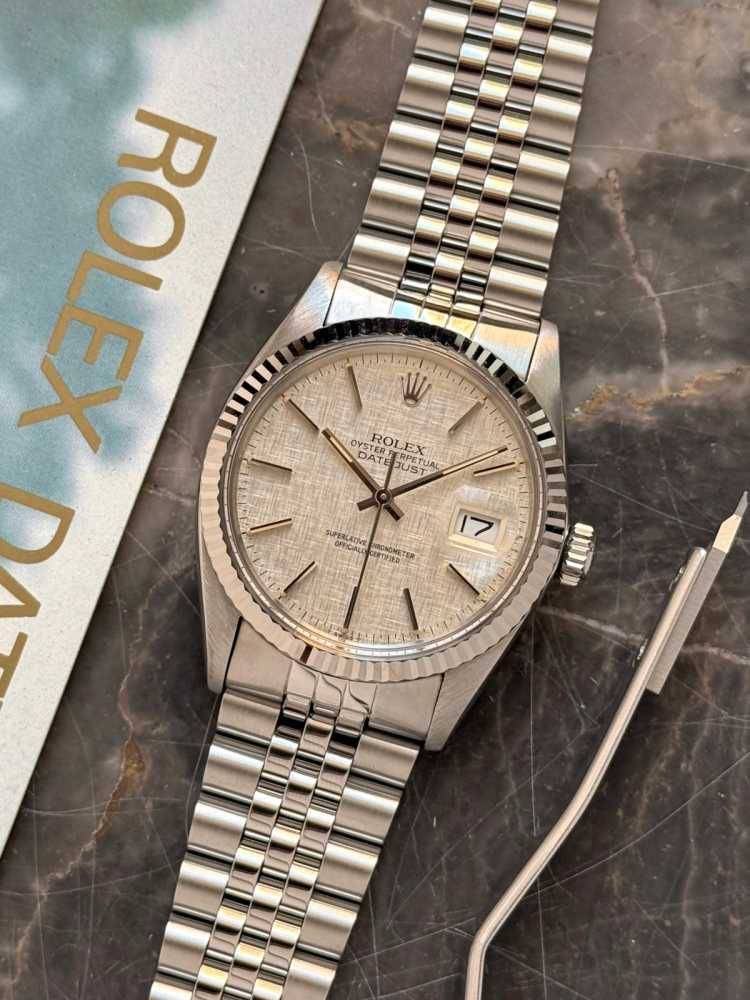 Featured image for Rolex Datejust "Linen" 16014 Silver Linen 1988 with original box and papers