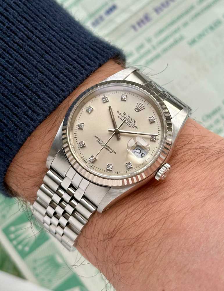 Wrist shot image for Rolex Datejust "Diamond" 16234G Silver 1988 with original box and papers