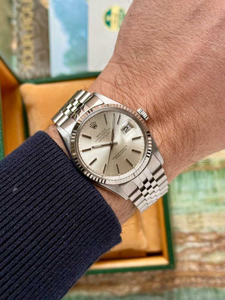 Wrist shot image for Rolex Datejust 16014 Silver 1978 with original box and papers