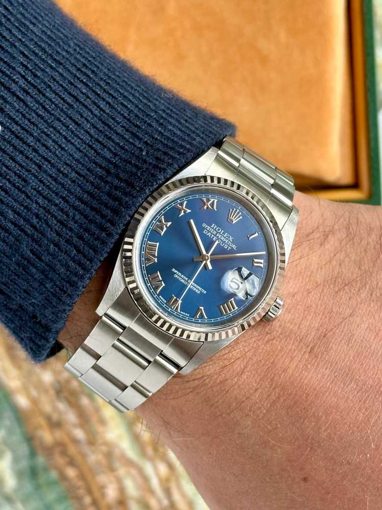 Wrist shot image for Rolex Datejust 16234 Blue 2000 with original box and papers