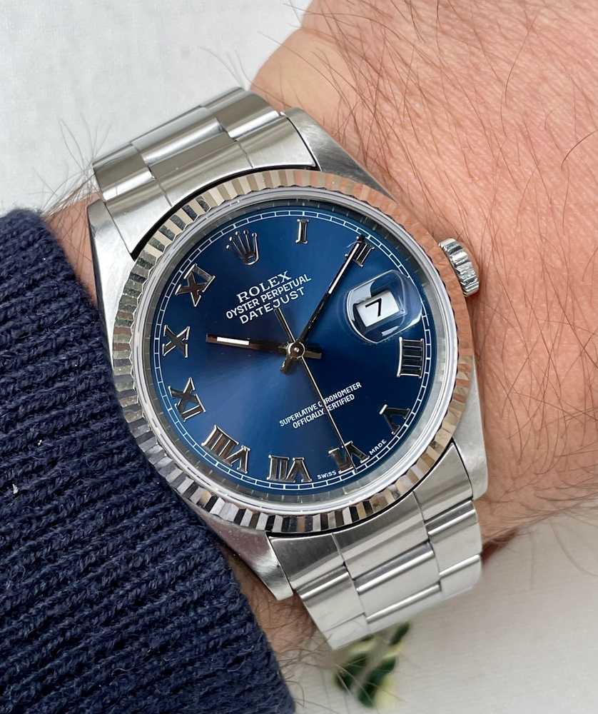 Wrist image for Rolex Datejust 16234 Blue 1997 with original box and papers