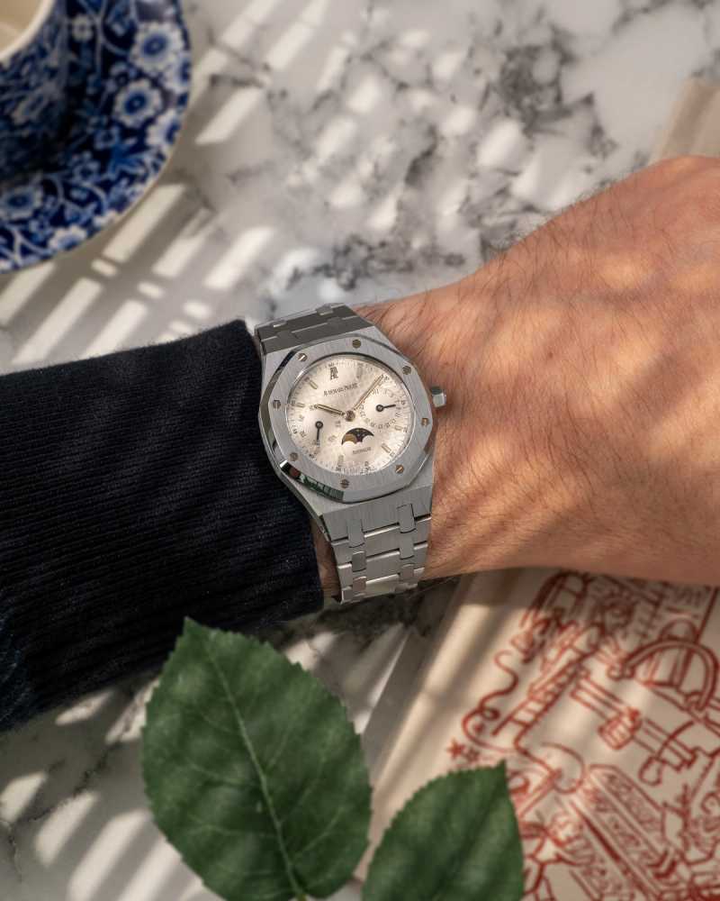 Wrist shot image for Audemars Piguet Royal Oak "Day Date Moonphase" 25594ST "Day-Date + Moonphase" Grey 2004 with original box and papers