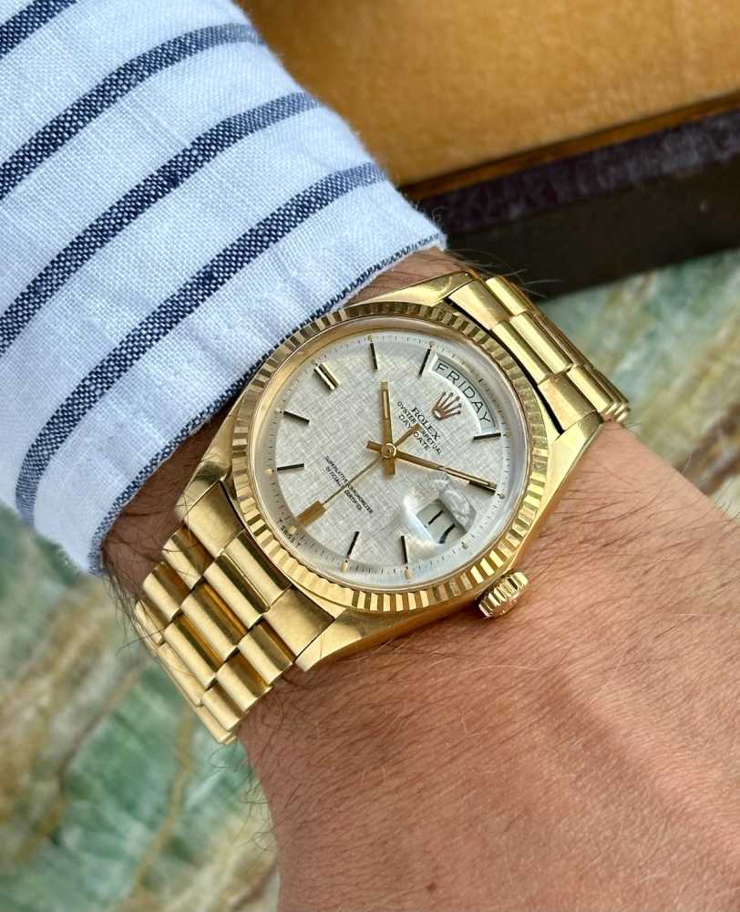 Wrist shot image for Rolex Day-Date "Linen" 1803 Silver Linen 1972 with original box and papers