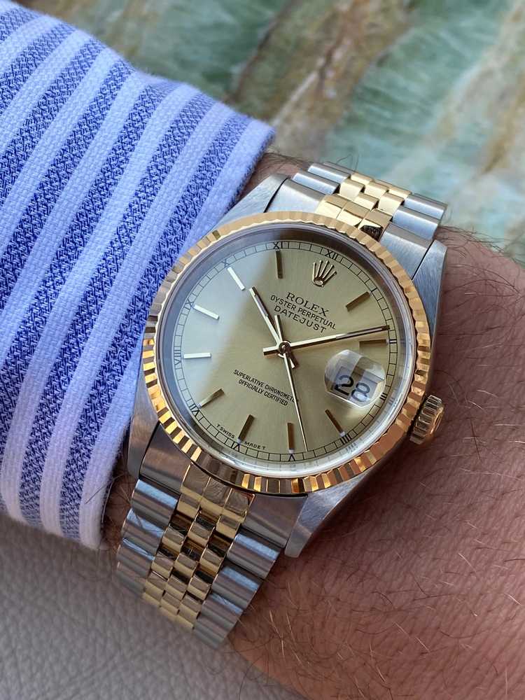 Wrist image for Rolex Datejust Gold Dial 16233  1999 with original box and papers