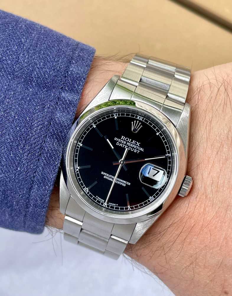 Wrist shot image for Rolex Datejust 16200 Black 1996 with original box and papers