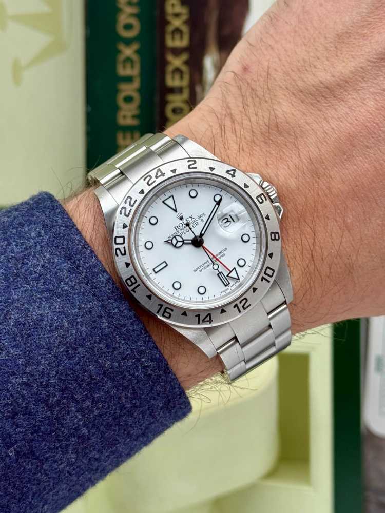 Wrist shot image for Rolex Explorer 2 16570 T White 2006 with original box and papers