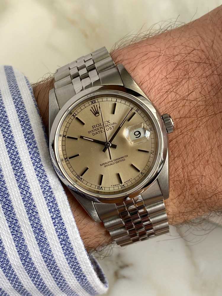 Wrist shot image for Rolex Datejust "no holes" 16200 Silver 1995 with original box and papers