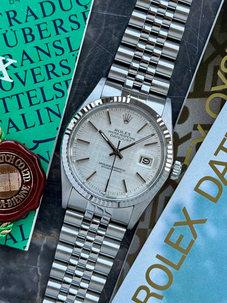 Featured image for Rolex Datejust "Linen" 16014 Silver Linen 1981 with original box and papers