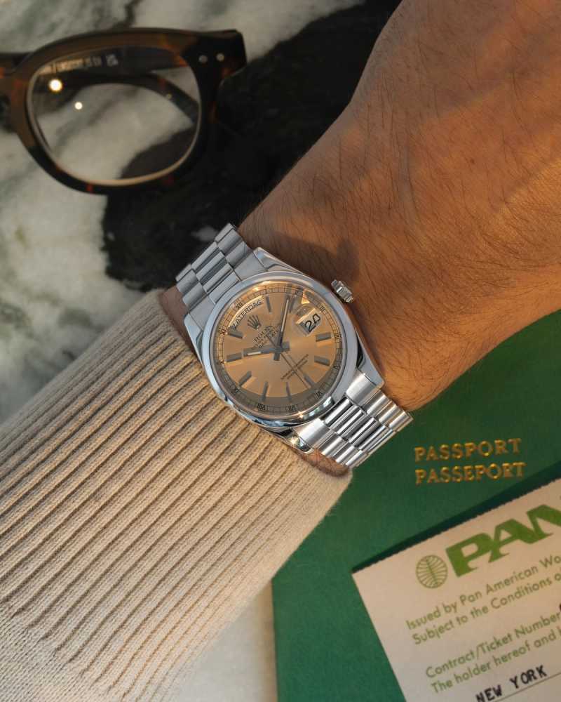 Wrist shot image for Rolex Day-Date 'Platinum' 118206 Grey 2000 with original box