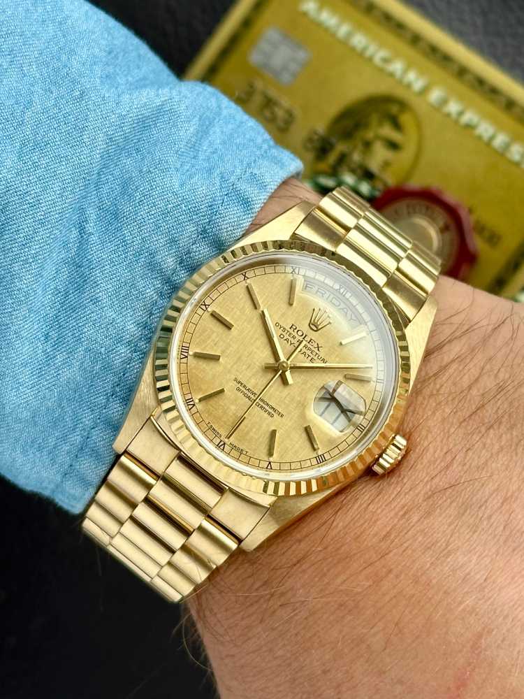 Wrist shot image for Rolex Day-Date "Linen" 18238 Gold 1990 