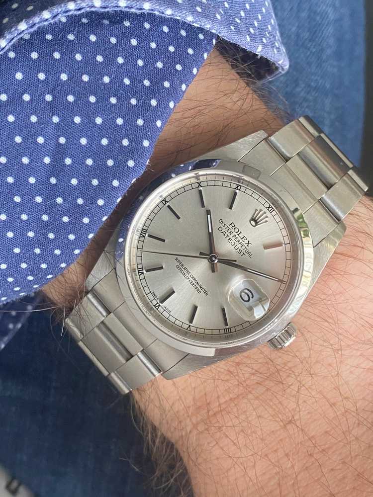 Wrist image for Rolex Datejust 16200 Silver 1998 with original papers