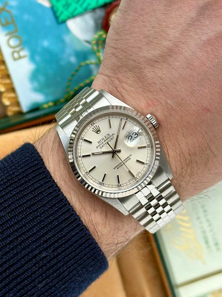 Wrist shot image for Rolex Datejust 16234 Silver 2000 with original box and papers 3