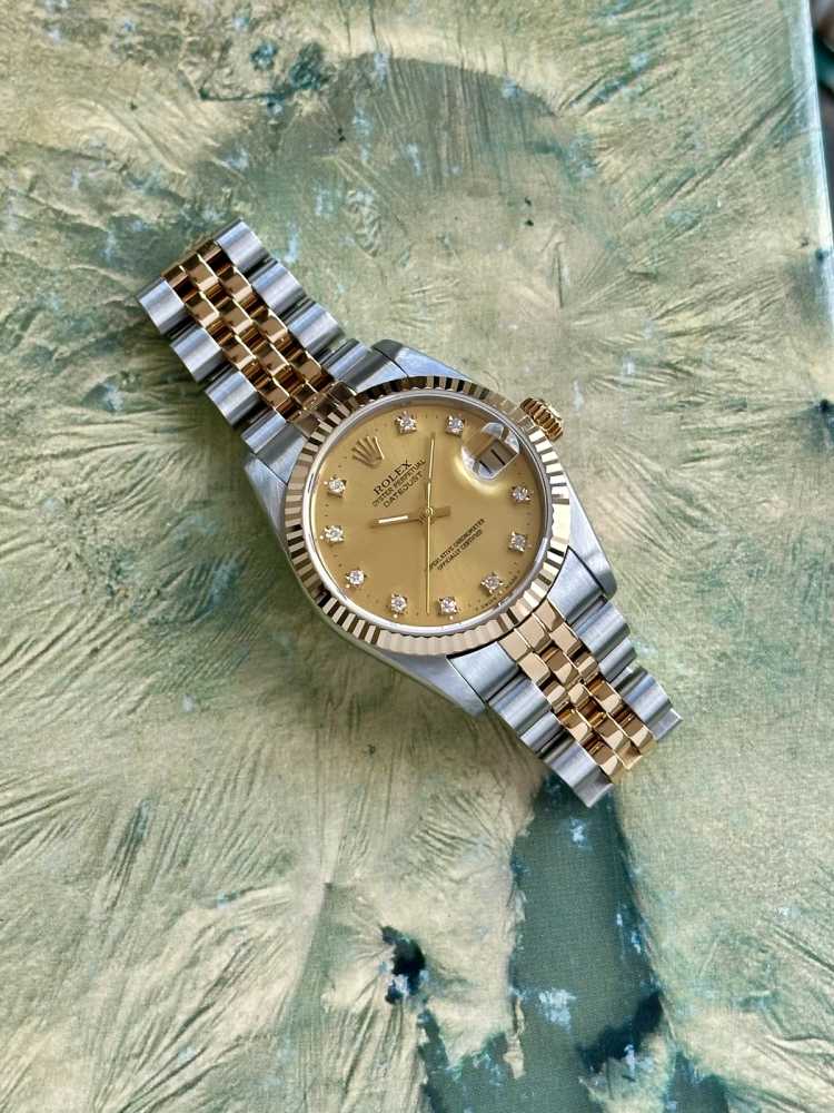 Wrist shot image for Rolex Midsize Datejust "Diamond" 68273 Gold 1988 with original box and papers