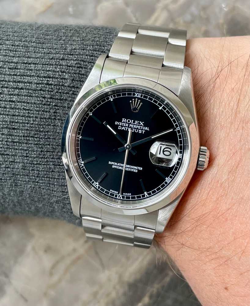 Wrist shot image for Rolex Datejust 16200 Black 2004 with original box and papers