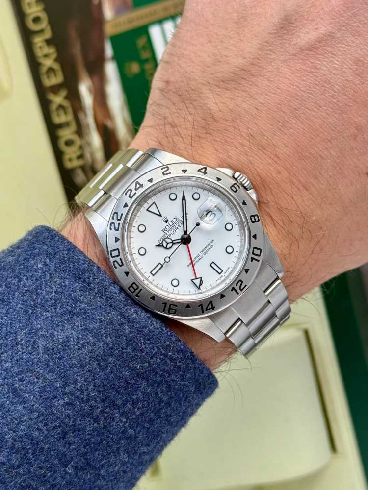 Wrist shot image for Rolex Explorer 2 "Engraved Rehaut" 16570 T White 2009 with original box and papers