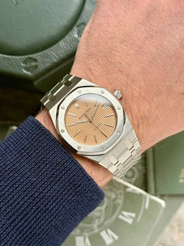 Wrist shot image for Audemars Piguet Royal Oak "Salmon" 14790  undefined with original box and papers