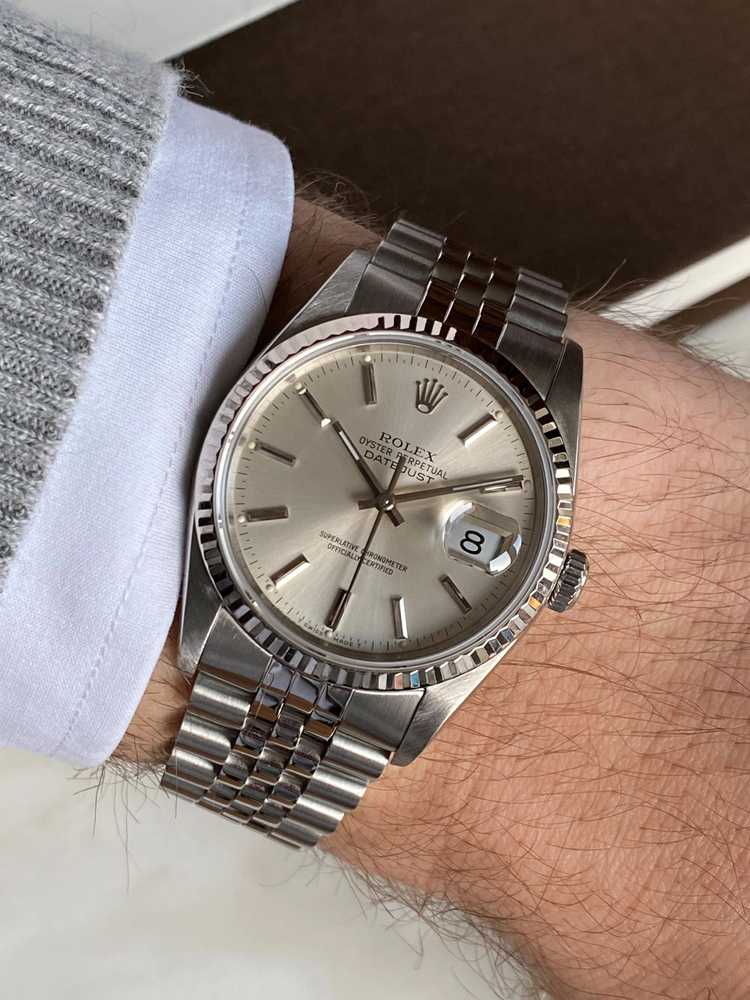 Wrist shot image for Rolex Datejust 16234 Silver 1990 with original box and papers2