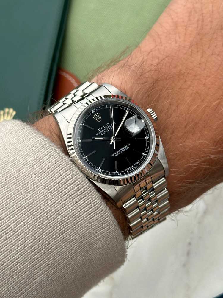 Wrist shot image for Rolex Datejust 16234 Black 1988 with original box and papers