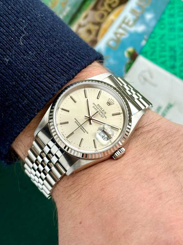 Wrist shot image for Rolex Datejust 16234 Silver 1993 with original box and papers 2
