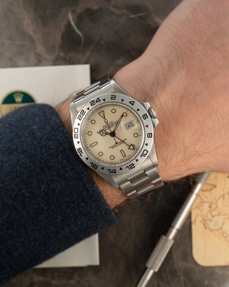 Wrist shot image for Rolex Explorer 2 16550 Cream 1988 with original box and papers