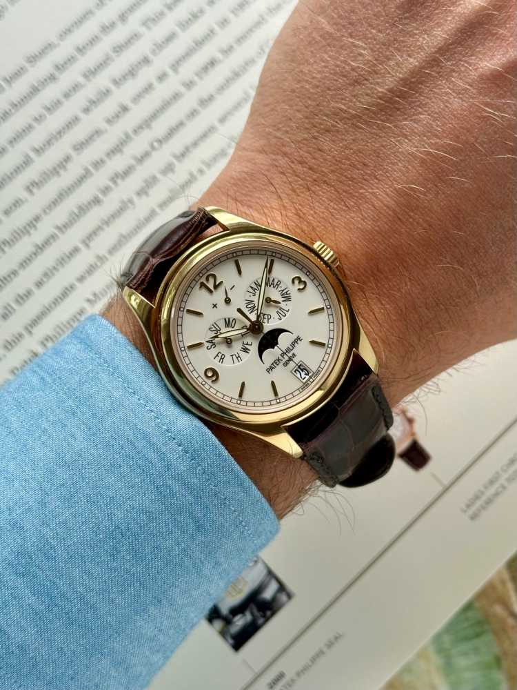 Wrist shot image for Patek Philippe Annual Calendar 5146J Cream 2006 with original box and papers