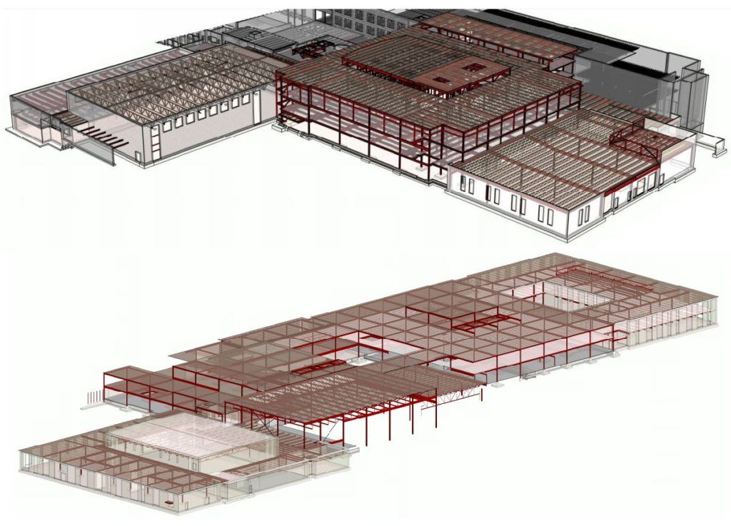 Overall views of existing structures and additions for Central High School (top) and Centennial High School (bottom)